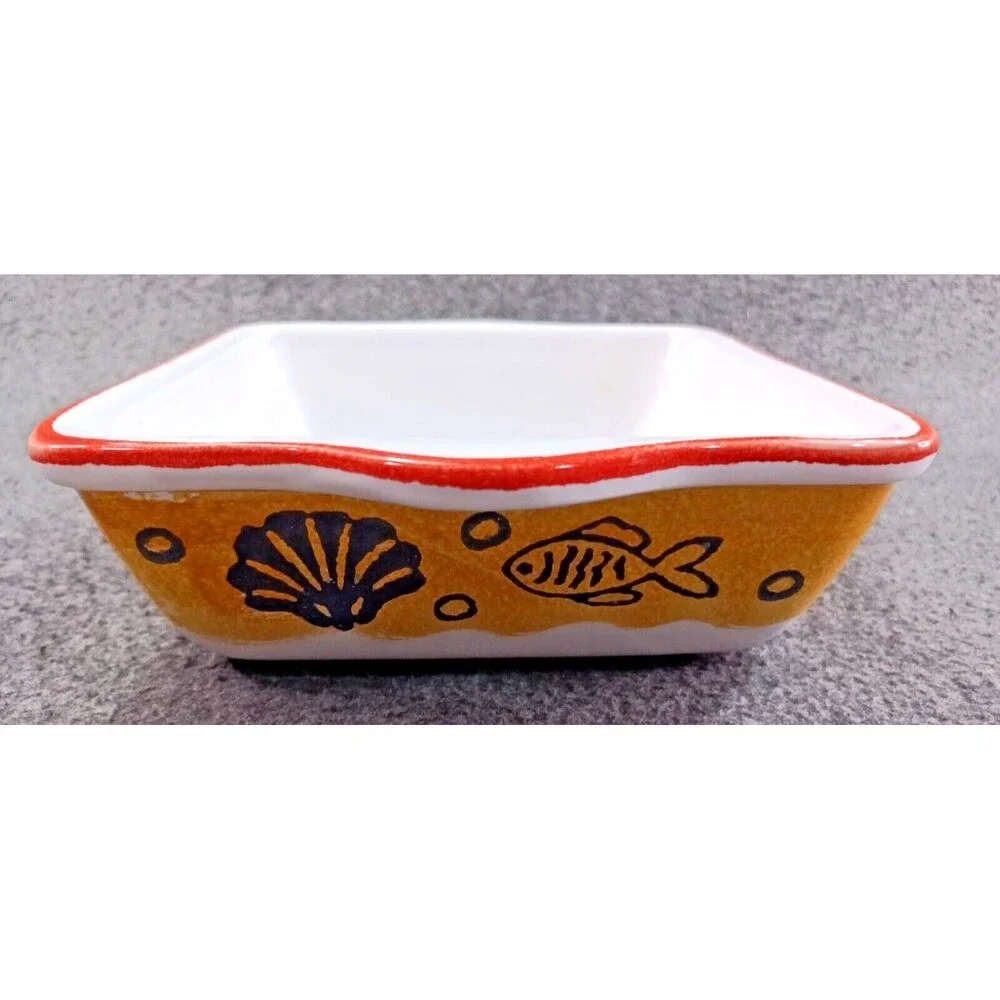 Painted Ceramic Casserole Square Dish Made in Italy Fish Nautical Beach NEW